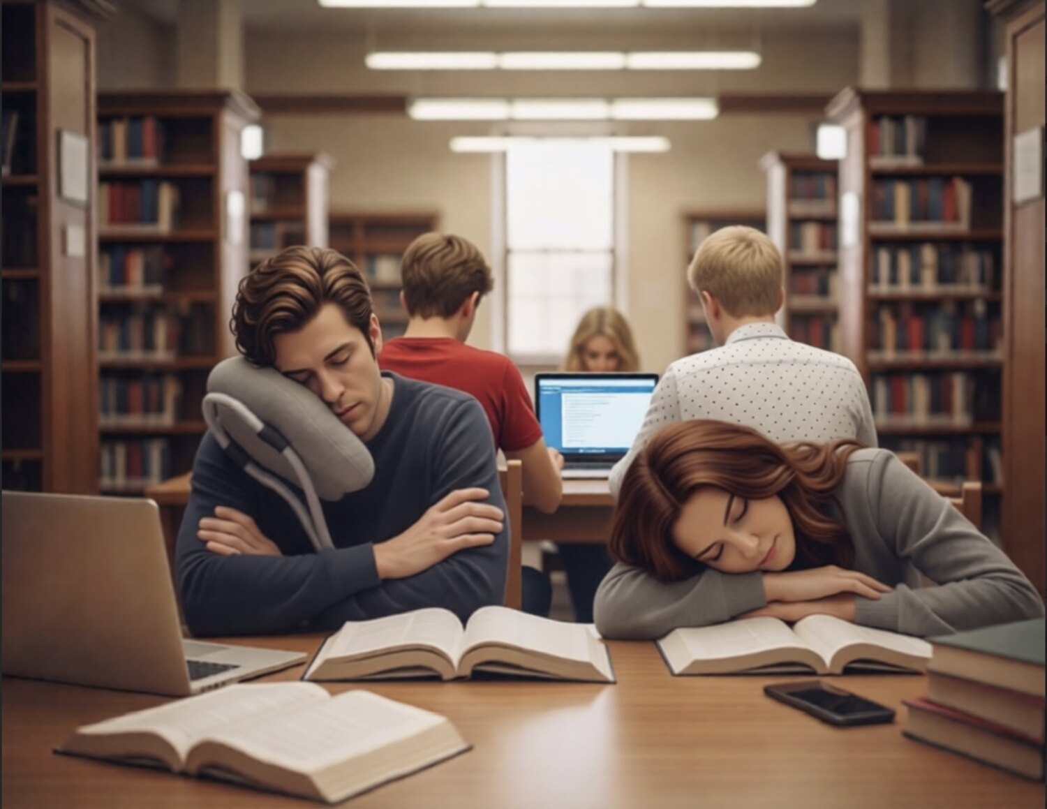 Students in a library, one napping with the Prod-UP-tivity napping station while others study